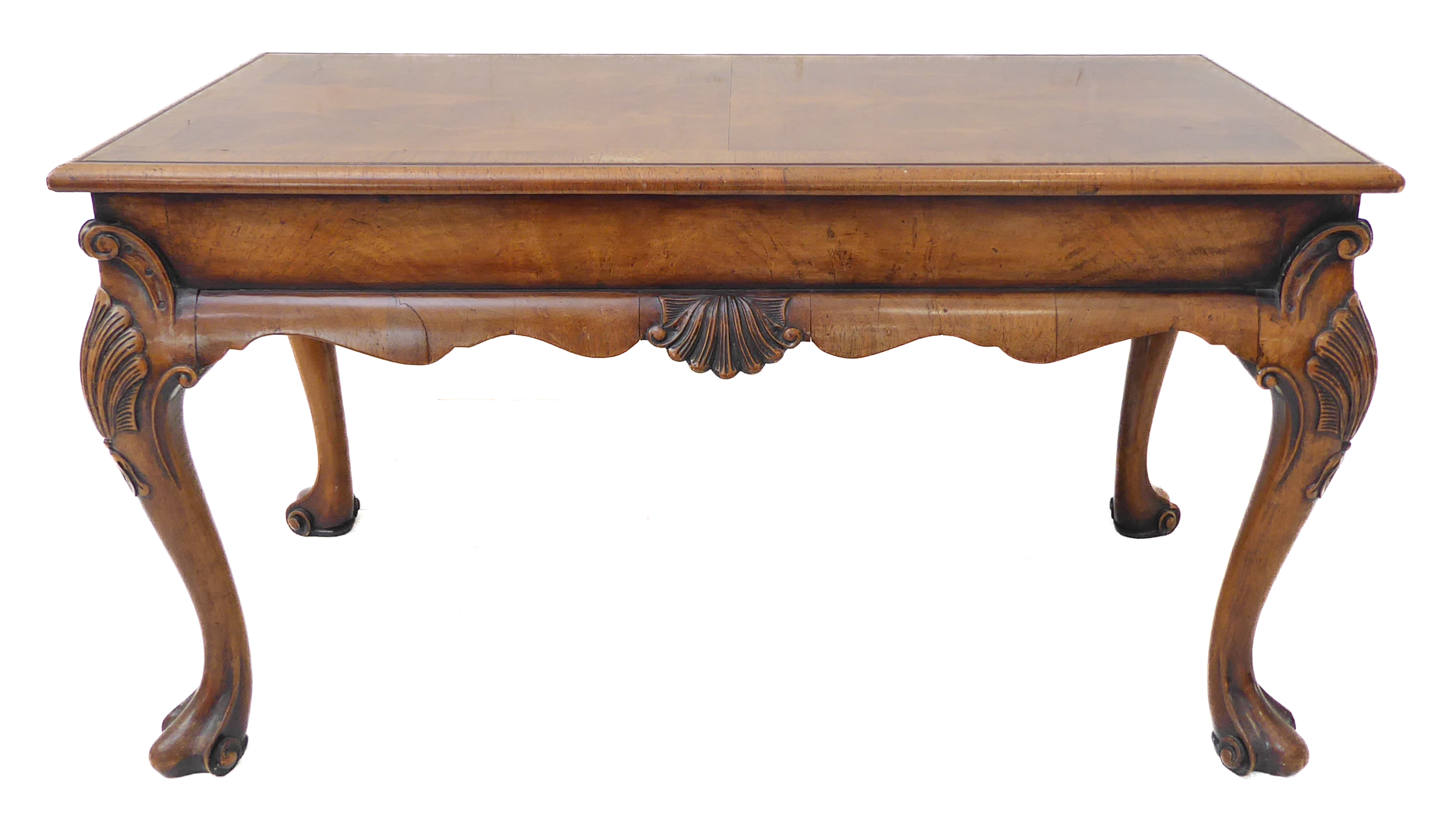 A good walnut coffee table in 18th century style: the quarter veneered crossbanded moulded top above - Image 2 of 4