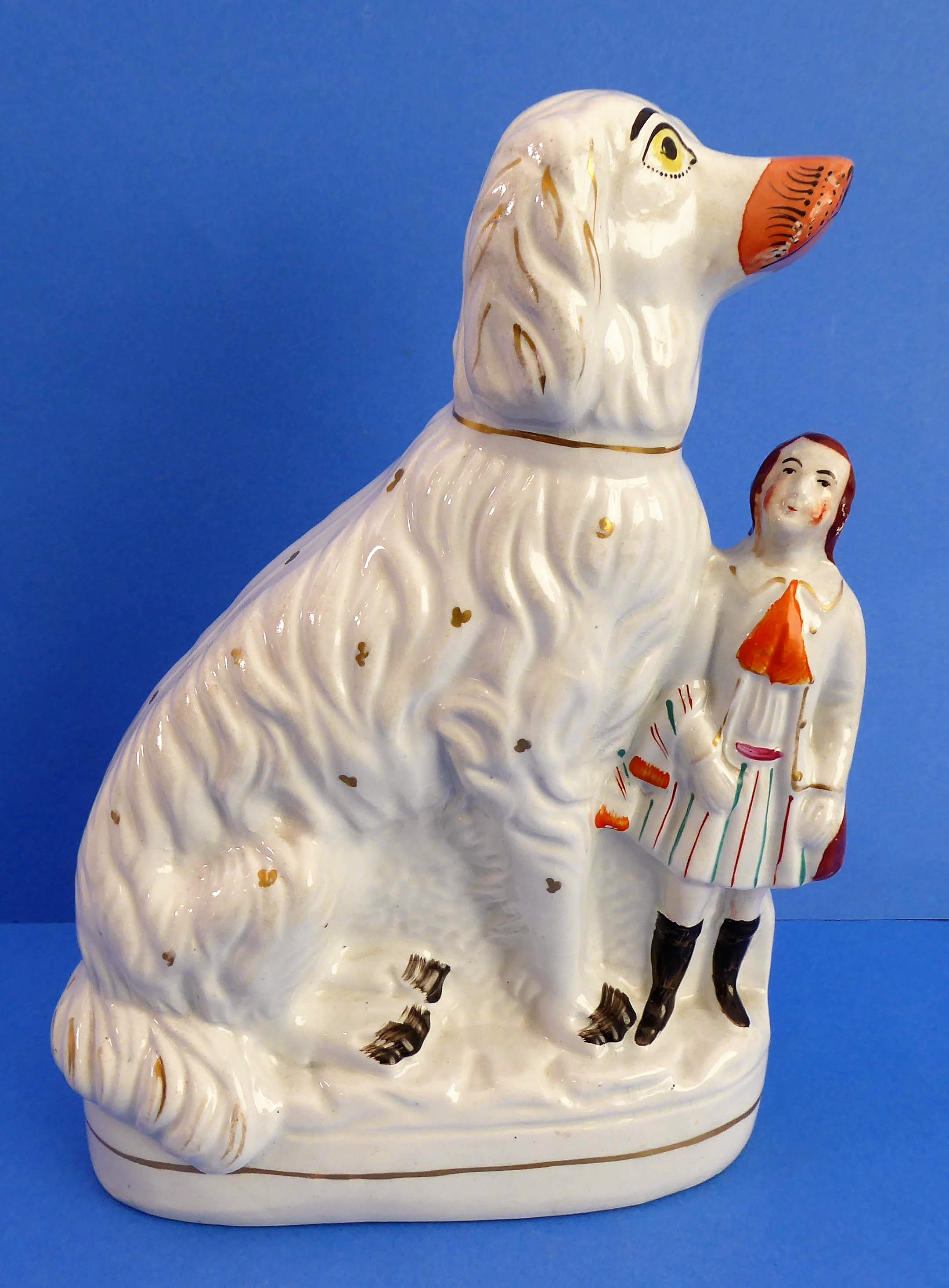 A large and rare pair of Staffordshire spaniels with male and female figure attached. - Image 4 of 5