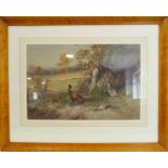 ROLAND GREEN (1890 - 1972) - A cock pheasant and two hens in a landscape, watercolour, signed