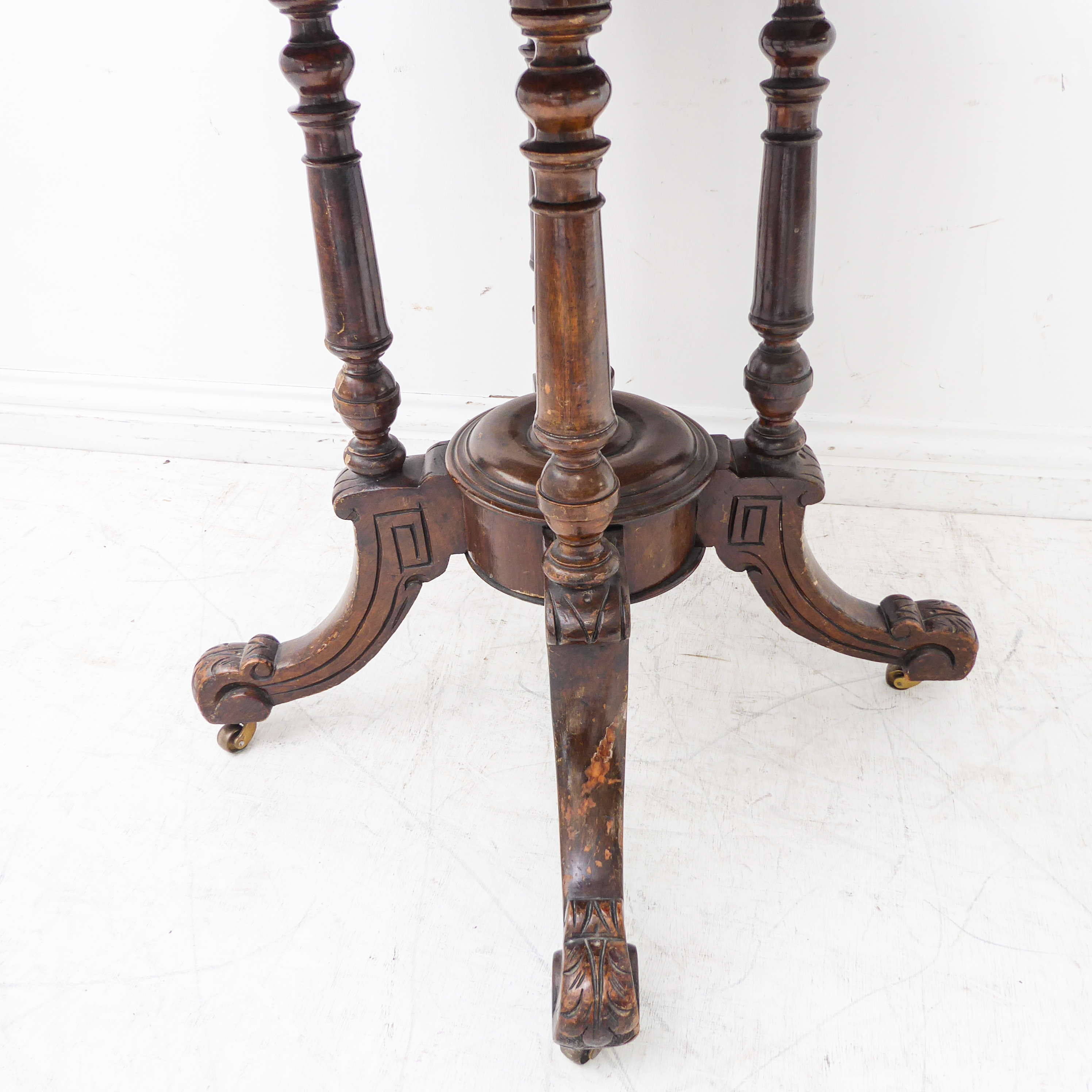 A pair of octagonal quarter-veneered walnut centre tables: each with laurel leaf style marquetry - Image 5 of 5