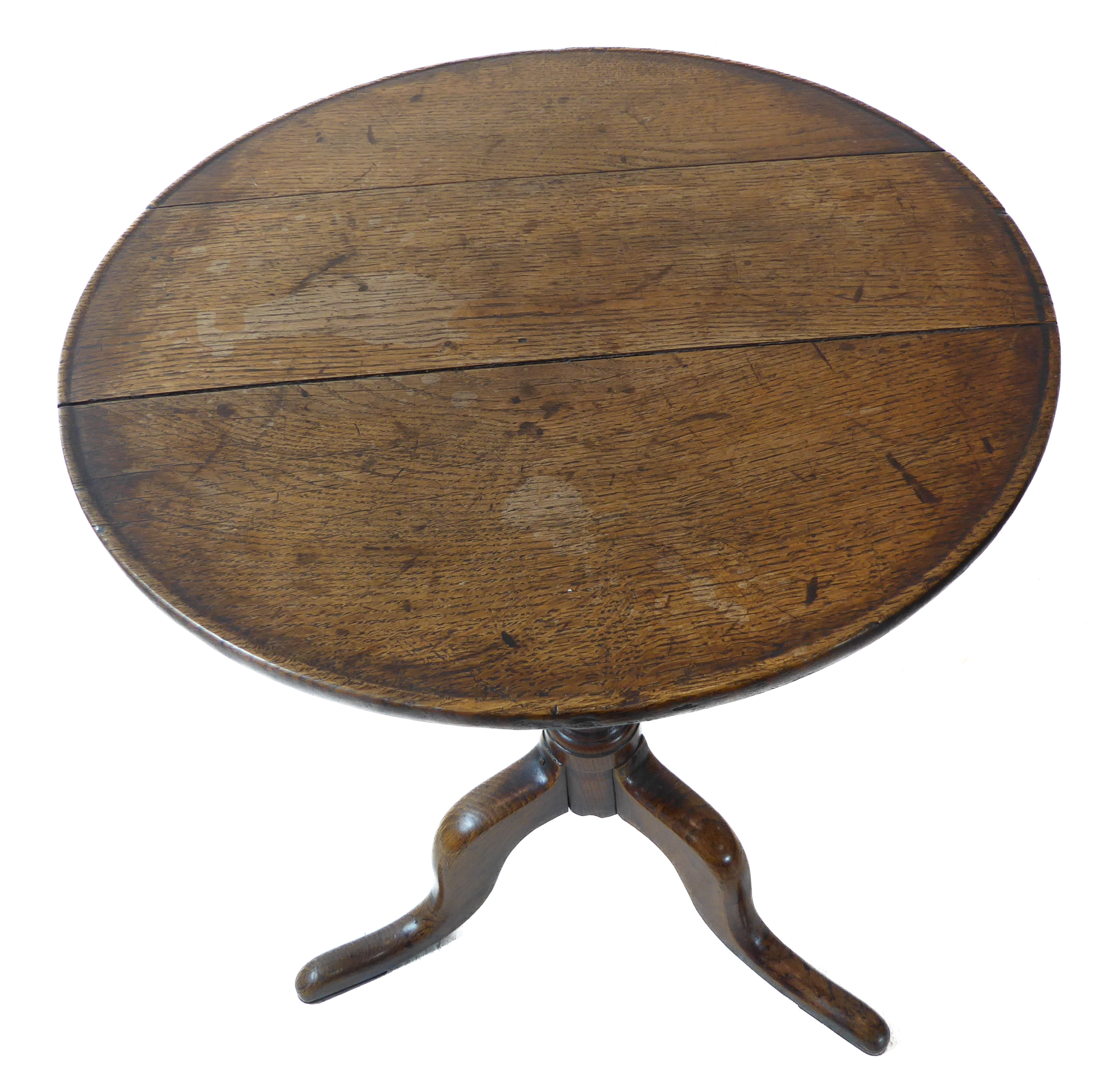 A George III period 18th century circular topped oak occasional table, tuned stem and on tripod base - Image 2 of 2