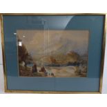 Style of JOHN VARLEY - extensive mountains and river landscape with riders on a bridge,