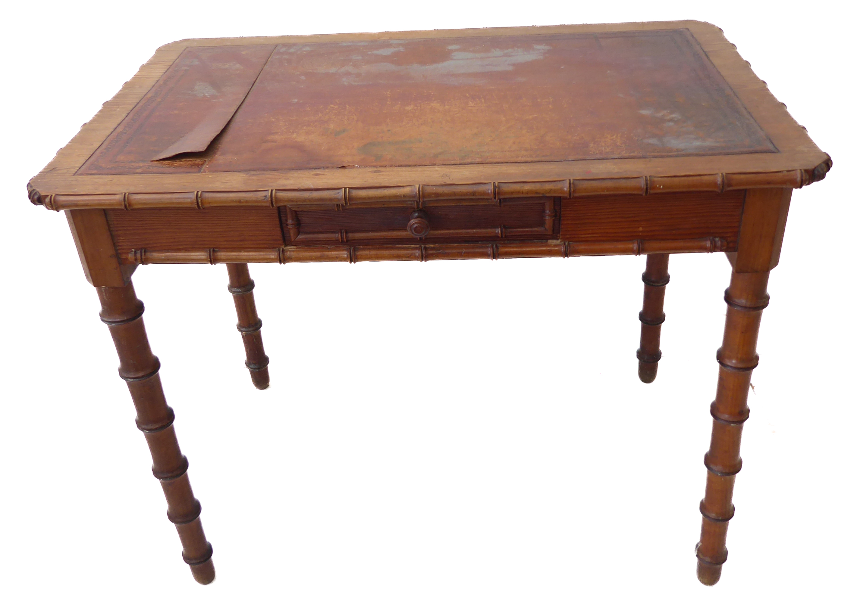 A late 19th century Aesthetic movement Oregon pine writing table: the leather inset top with faux - Image 2 of 5