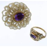An early 19th century amethyst and 18-carat yellow gold memorial ring, the central rectangular-cut