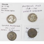Three ancient Roman denarii (Antonius Pius, Trajan and Severus Alexander) and an English short cross
