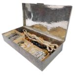A hand-planished English pewter Arts & Crafts style box and its contents to include costume