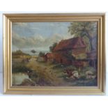 19th century Naive School - a busy farmyard, oil on canvas (13in x 17in, 33cm x 43cm). Very dirty,