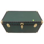 A Mossman (British made) vintage green-coloured and metal-mounted storage trunk (101cm wide x 52cm