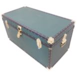 A Mossman (British made) vintage green-coloured and metal-mounted storage trunk (101cm wide x 52cm