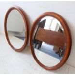 A pair of modern oval wall-hanging looking glasses with hand-bevelled plates and stained-wood frames