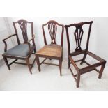 A late 18th mahogany mahogany open armchair, Hepplewhite style top rail, pierced splat, drop-in seat