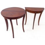 A pair of mahogany demi-lune consul tables: crossbanded and on cabriole-style legs (62cm wide x 71cm