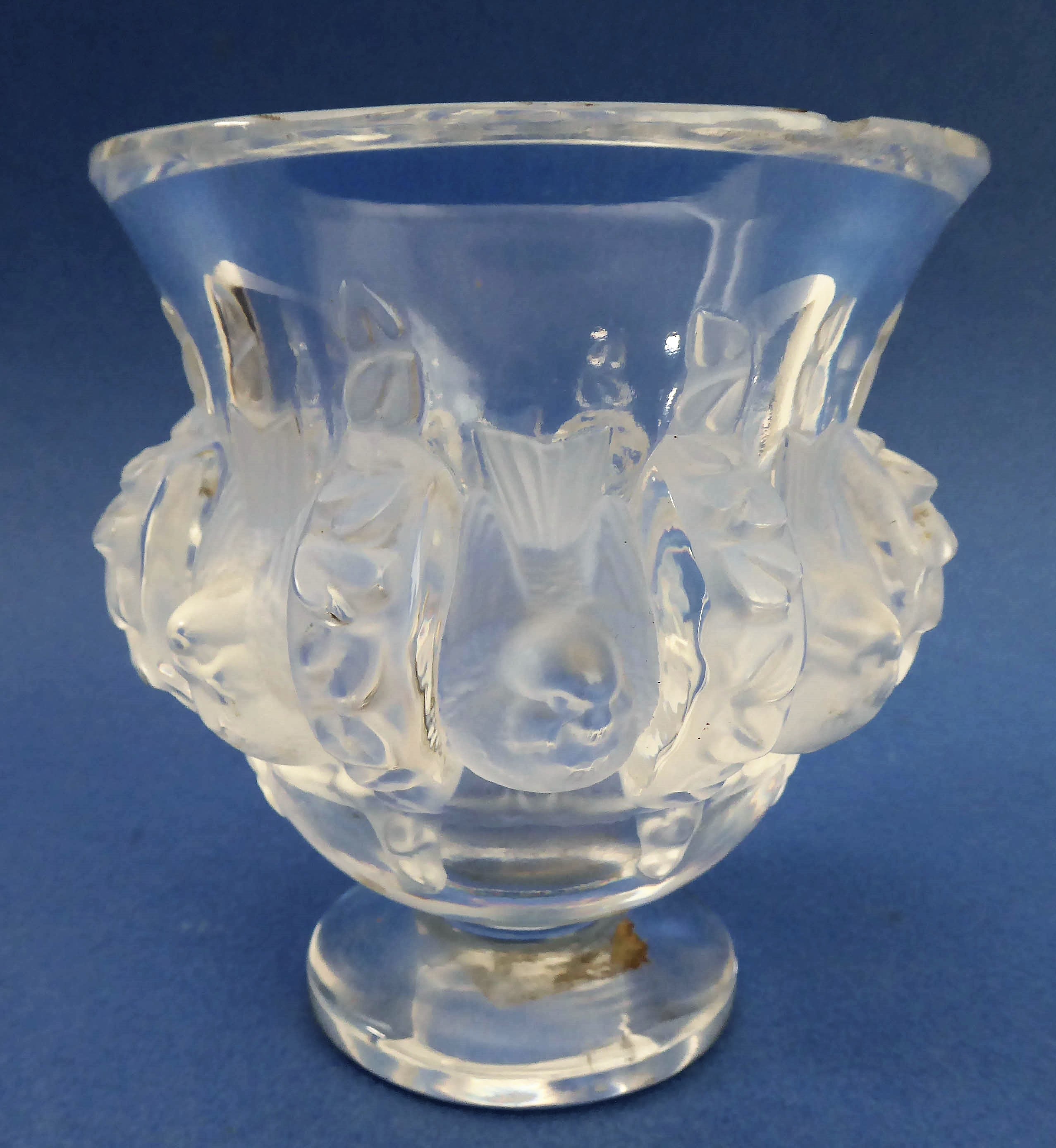 A modern Lalique crystal campana-style vase: decorated in high relief with a band of alternating