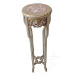 A later painted Chinese circular jardinière stand: inset rouge marble variegated top above pierced