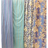 Six pairs of cotton lined curtains, pencil pleat headings; two pairs in a gold and blue foliate