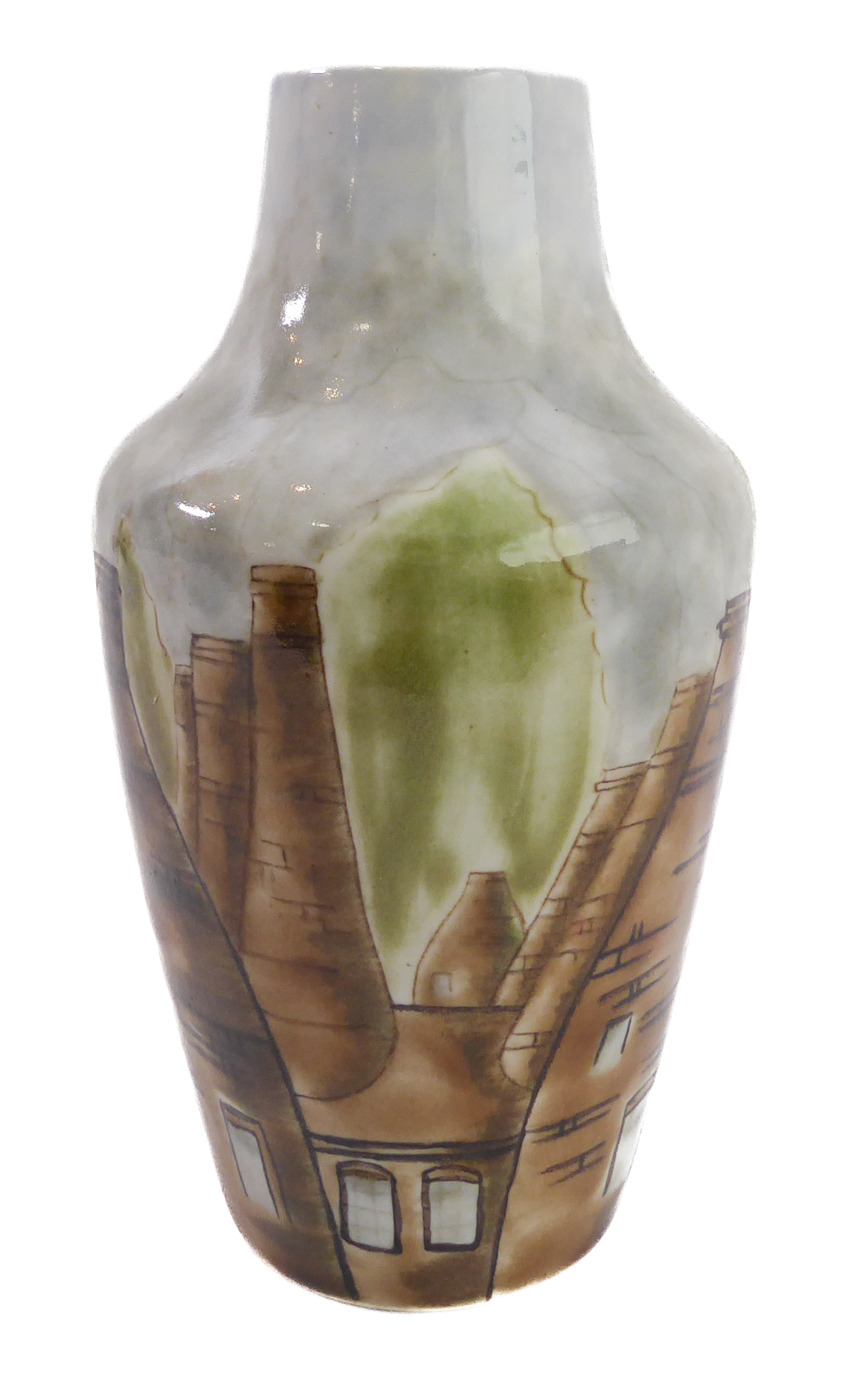 An unusual Cobridge stoneware vase hand-decorated with varying sized pottery kilns, impressed - Image 6 of 6