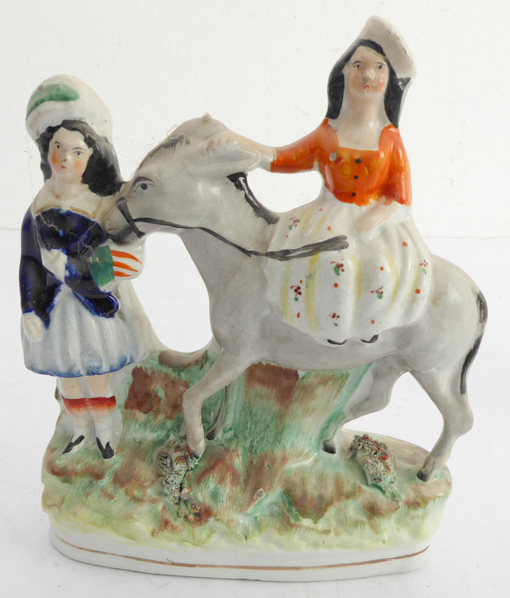 Nine 19th century hand-decorated flatback figures to include musicians, seafood sellers, a spill - Image 10 of 11