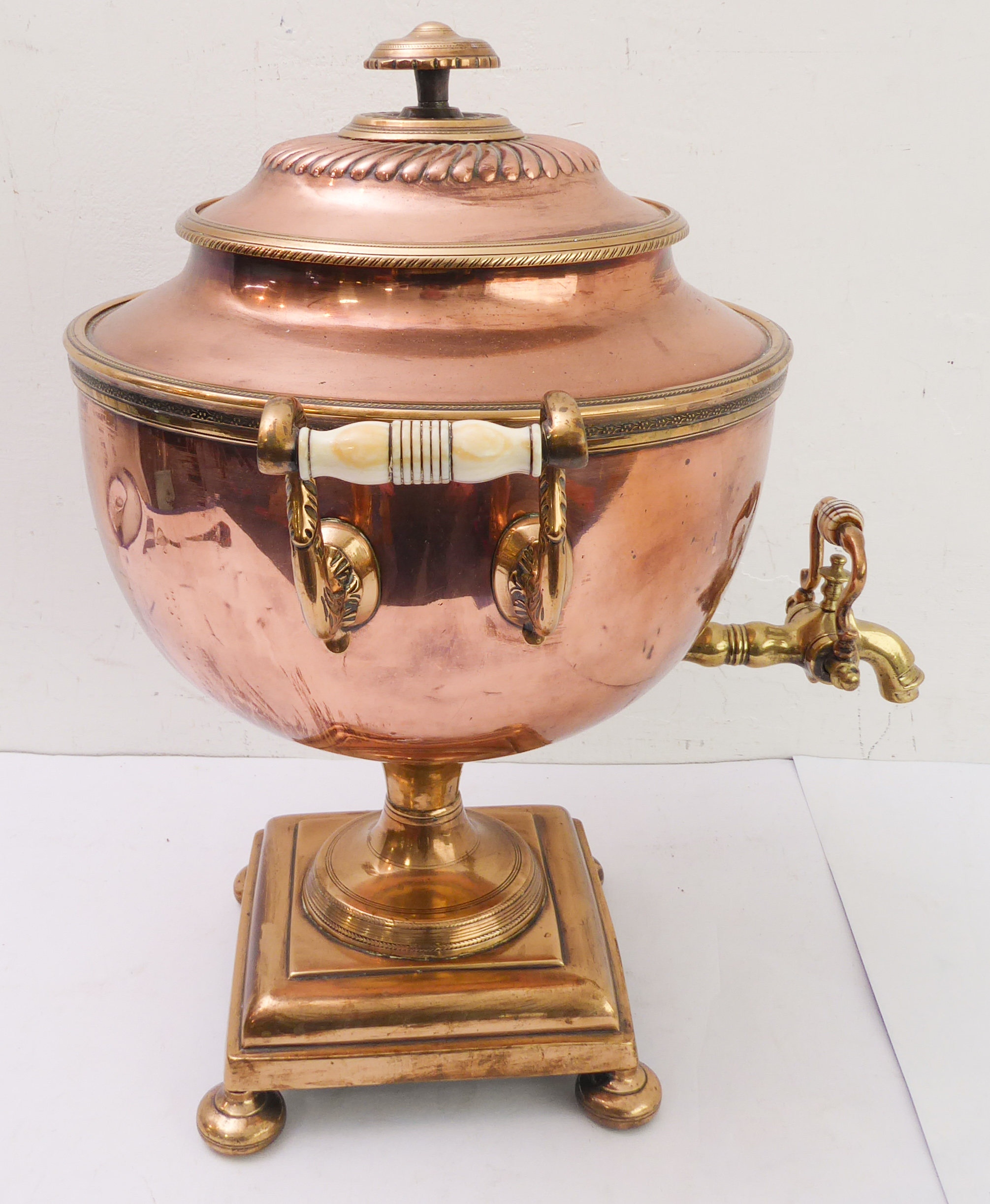 A large and impressive 19th century brass-mounted copper samovar; the circular lid lifting to reveal - Image 2 of 6