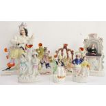 Seven 19th century hand-decorated Staffordshire pottery flatback figures to include 'Wesley' (37cm),