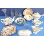 Ceramics and glassware to include: a three-piece early 19th century teapot, sugar and creamer set;