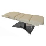 A cream-leather-upholstered multifunctional massage chair / couch on stand: the stand with remote