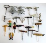 An interesting and varied assortment of 21 novelty and other corkscrews to include late 19th and