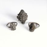 Three Art Deco silver and marcasite rings, ring sizes O, P and R