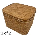 Two large woven wicker baskets: each with removeable interior tray (66cm wide x 55cm deep x 50cm