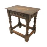 A 17th century style (later) oak joint stool: moulded top above end and side friezes with a