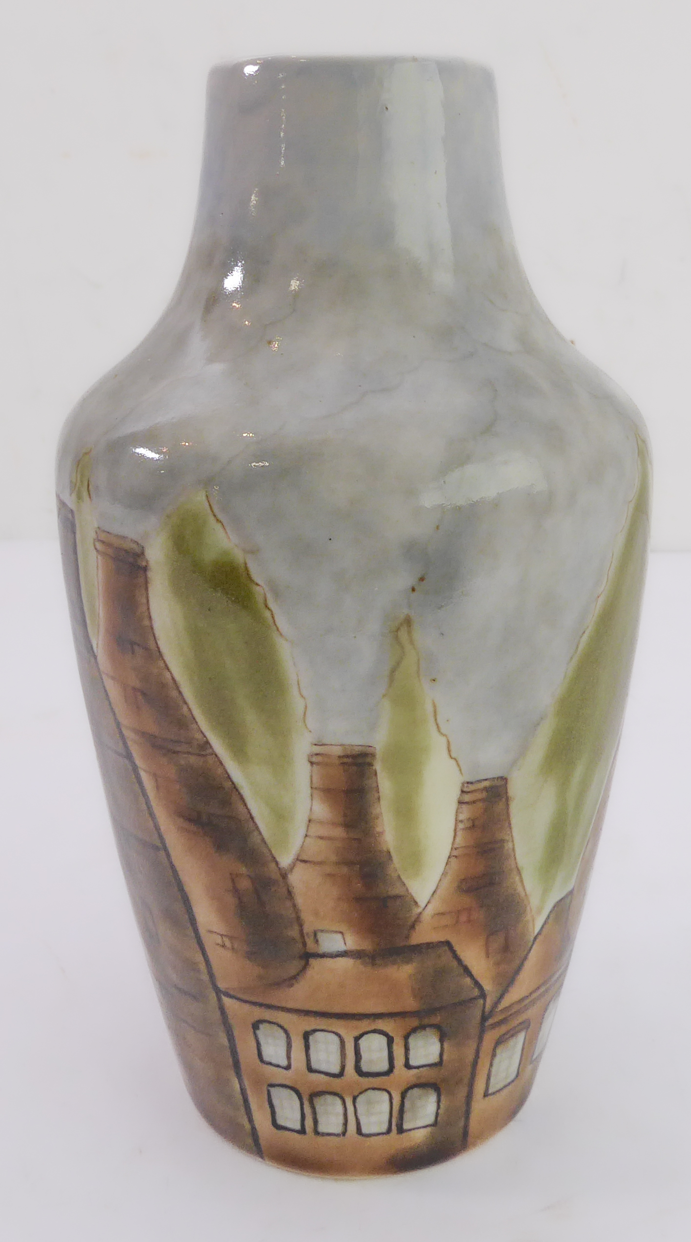 An unusual Cobridge stoneware vase hand-decorated with varying sized pottery kilns, impressed - Image 5 of 6