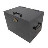 A large and heavy black-painted ironwork strongbox; two side carrying handles, the hinged section