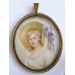 A 19th century oval gilt-framed shoulder-length portrait study of a young lady; curly blonde hair,