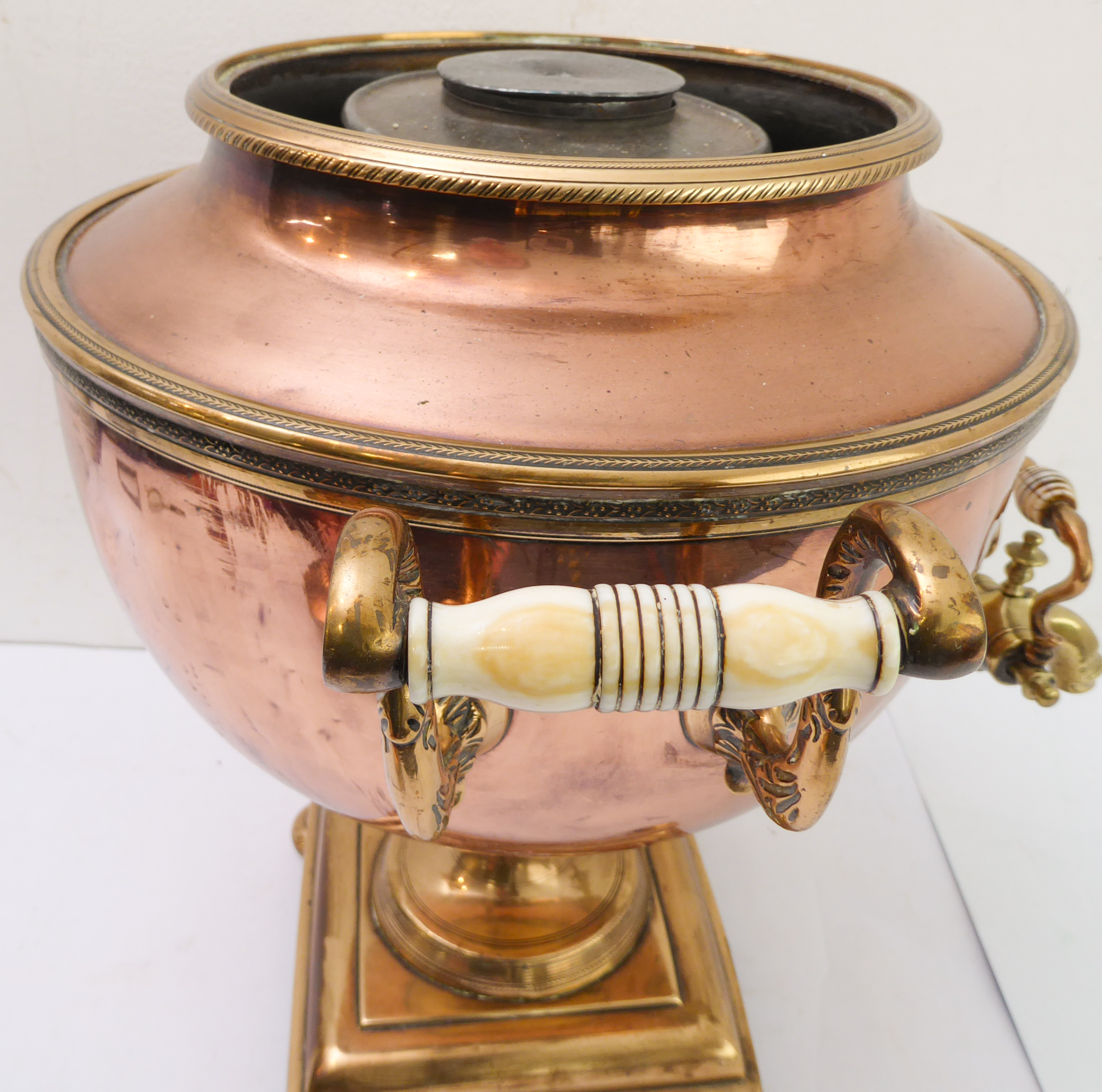 A large and impressive 19th century brass-mounted copper samovar; the circular lid lifting to reveal - Image 3 of 6