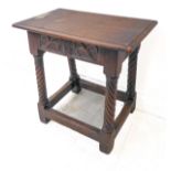 A good 17th century style (reproduction) oak joint stool: the moulded overhanging top above end