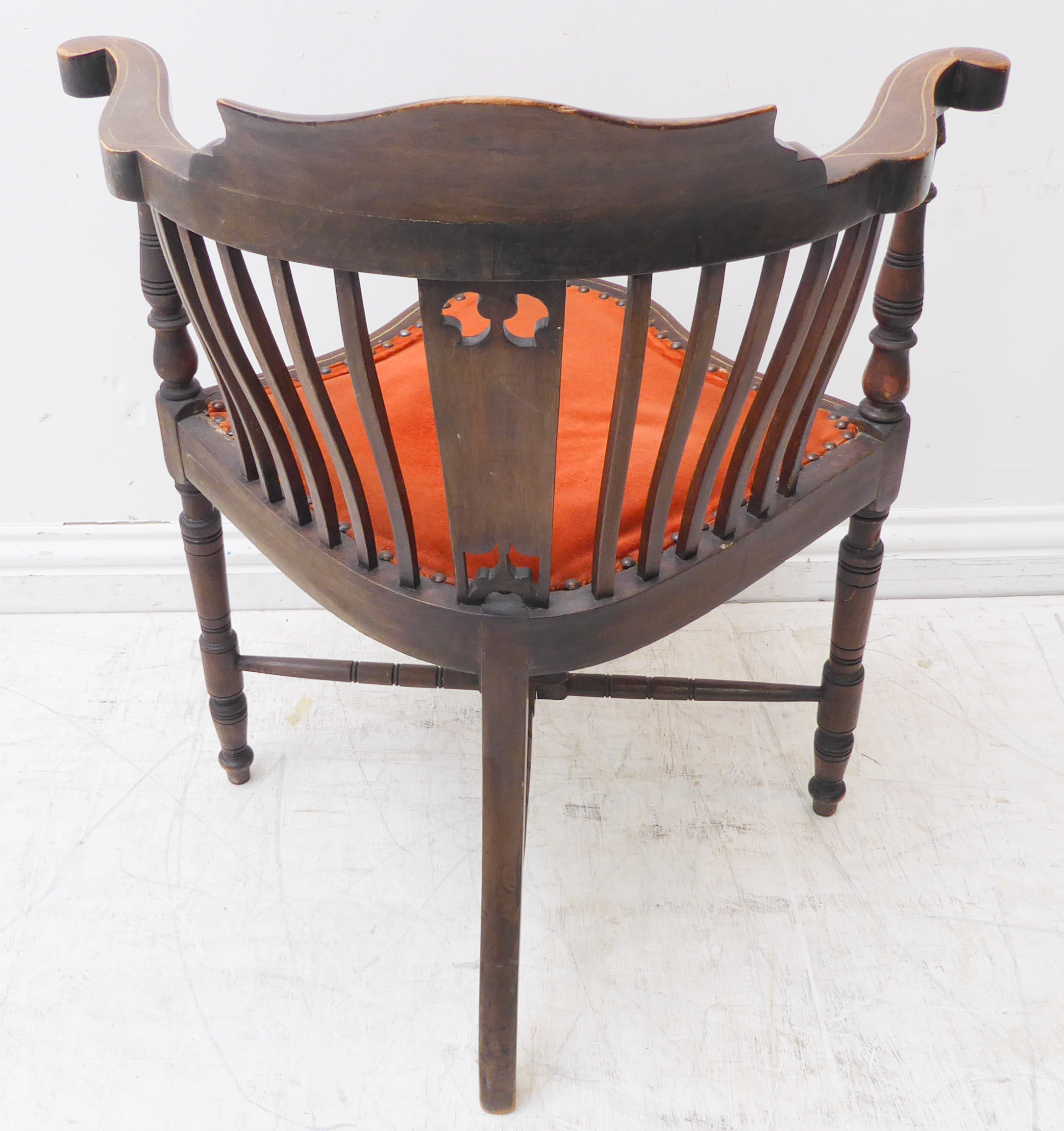 A late 19th to early 20th century mahogany, strung and marquetry corner chair: the top rail - Image 3 of 3