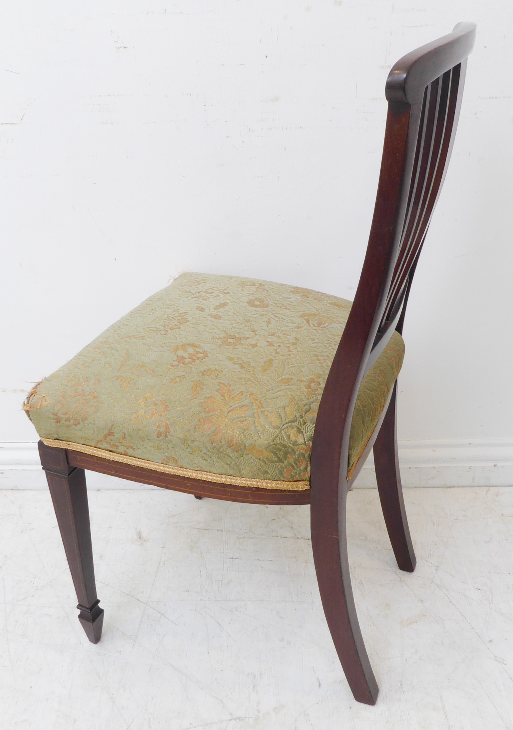 A good set of four Edwardian mahogany and boxwood strung salon chairs; each with central vertical - Image 5 of 6