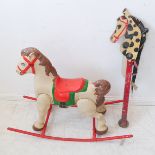 An original hand-decorated tin rocking horse (79cm high x 102cm long (the rockers), together with