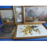 Five decorative wall-hanging pictures and prints to include: a gilt-framed oil on ceramic study of