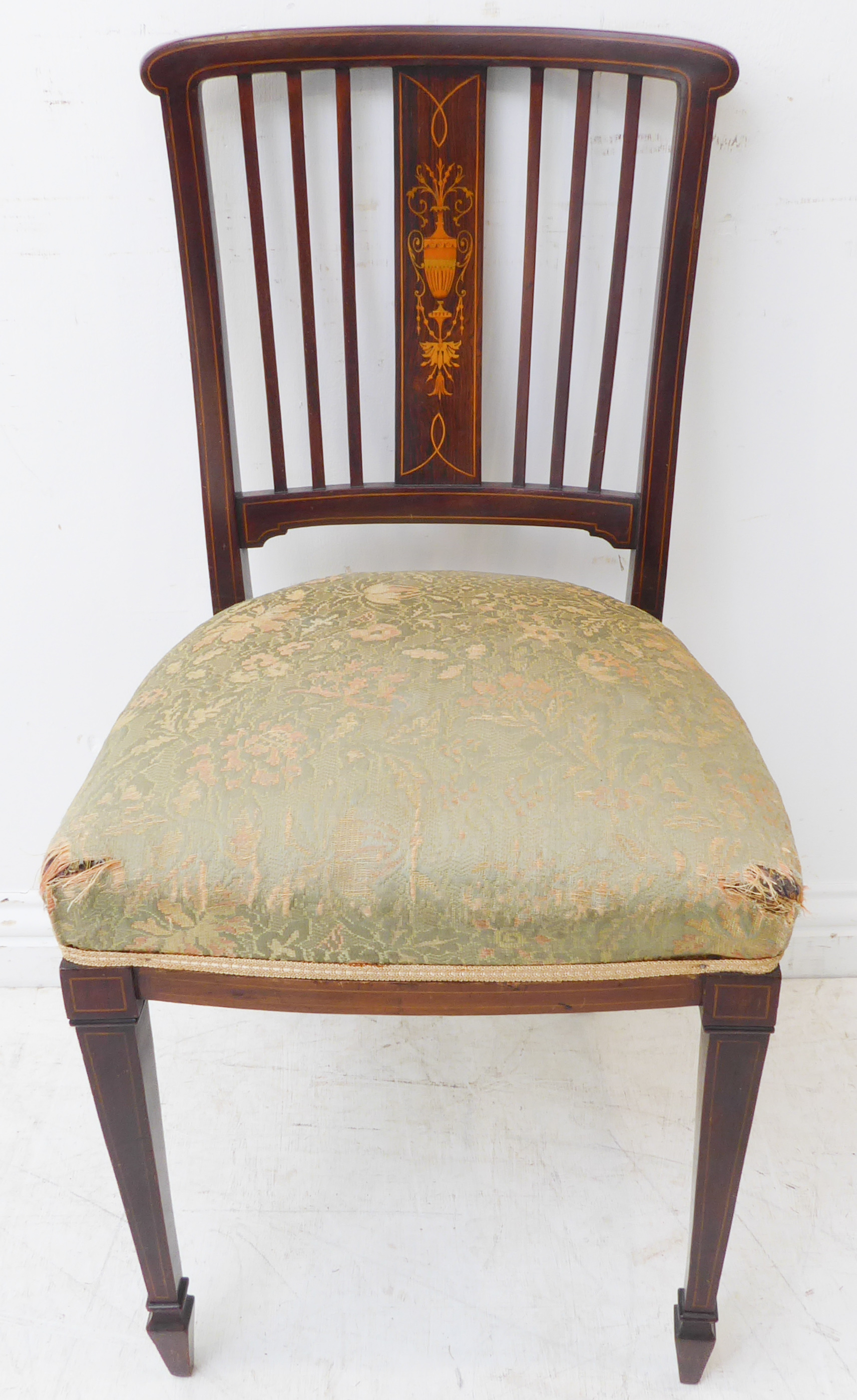 A good set of four Edwardian mahogany and boxwood strung salon chairs; each with central vertical - Image 3 of 6