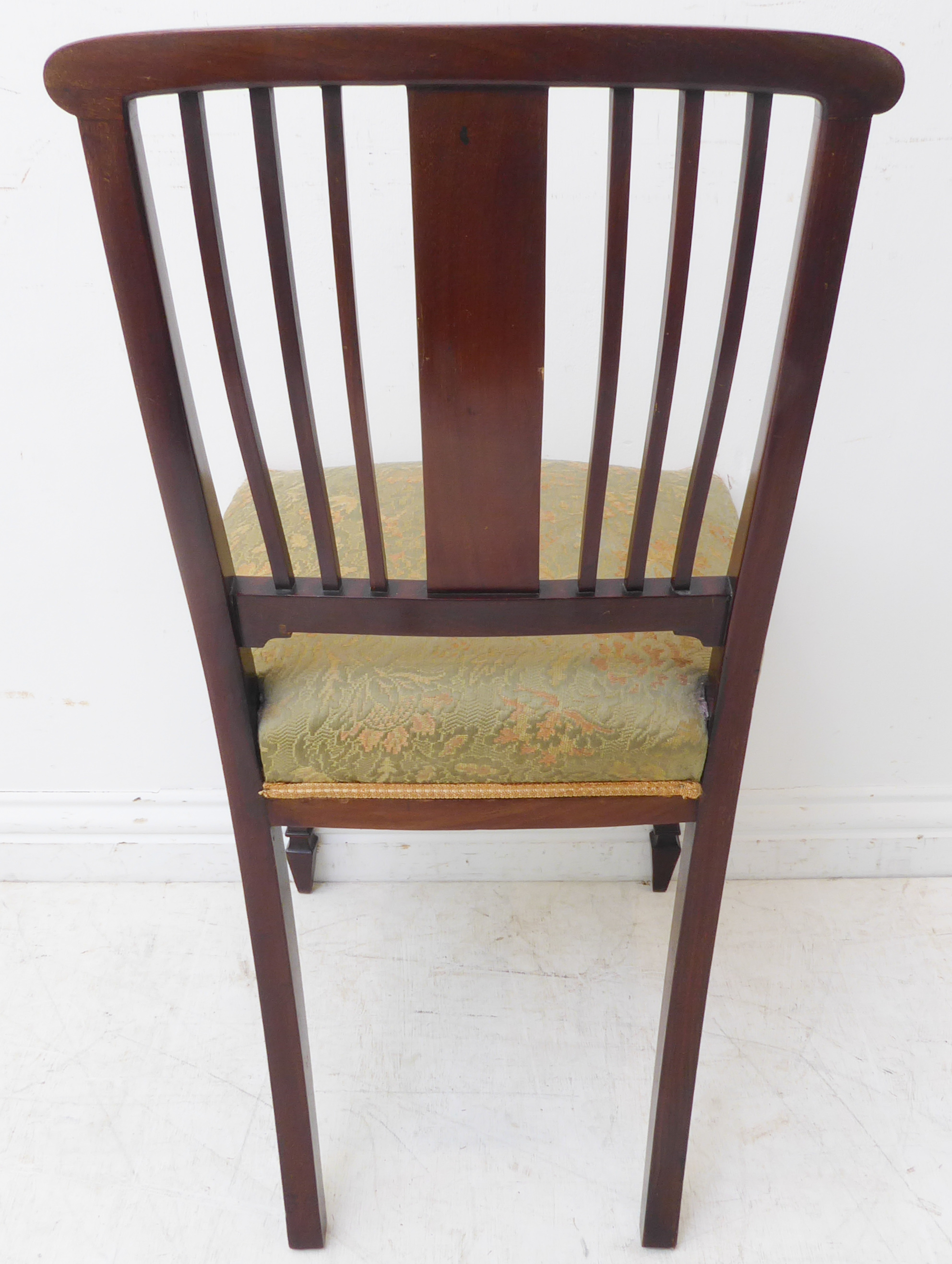 A good set of four Edwardian mahogany and boxwood strung salon chairs; each with central vertical - Image 4 of 6