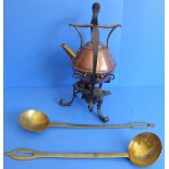 An early 20th century Aesthetic-style copper spirit kettle on iron stand, together with two brass