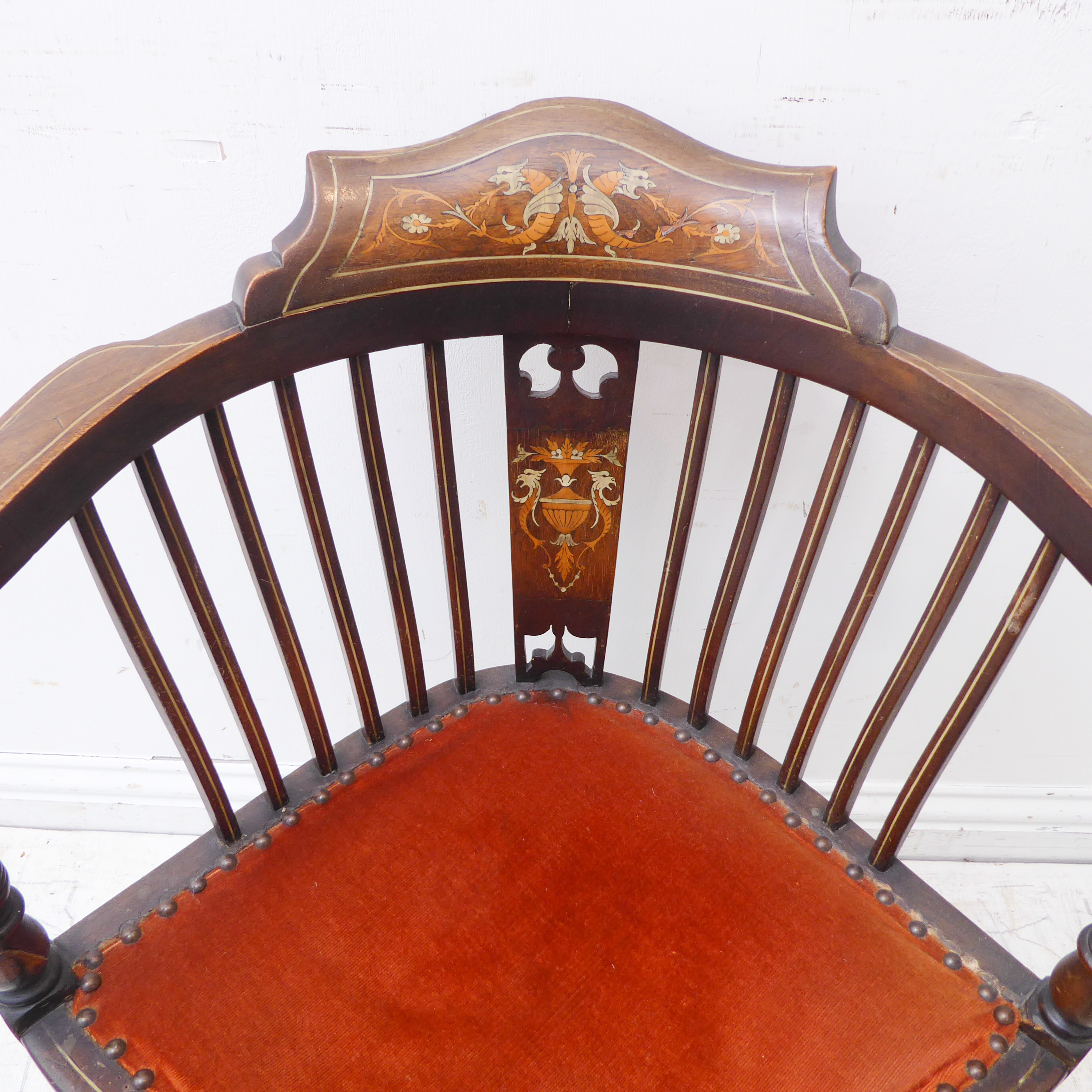 A late 19th to early 20th century mahogany, strung and marquetry corner chair: the top rail - Image 2 of 3