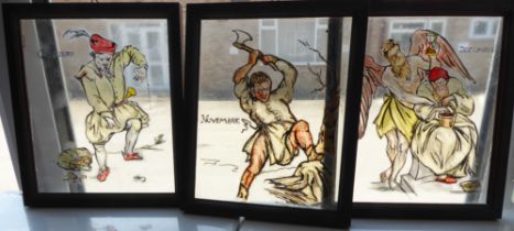 Three Italian glass paintings representing: 'Ottobre', 'Novembew' and 'Decembre' (frame sizes 21.5cm