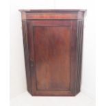 A late 18th century mahogany hanging corner cupboard: the single panelled door opening to reveal