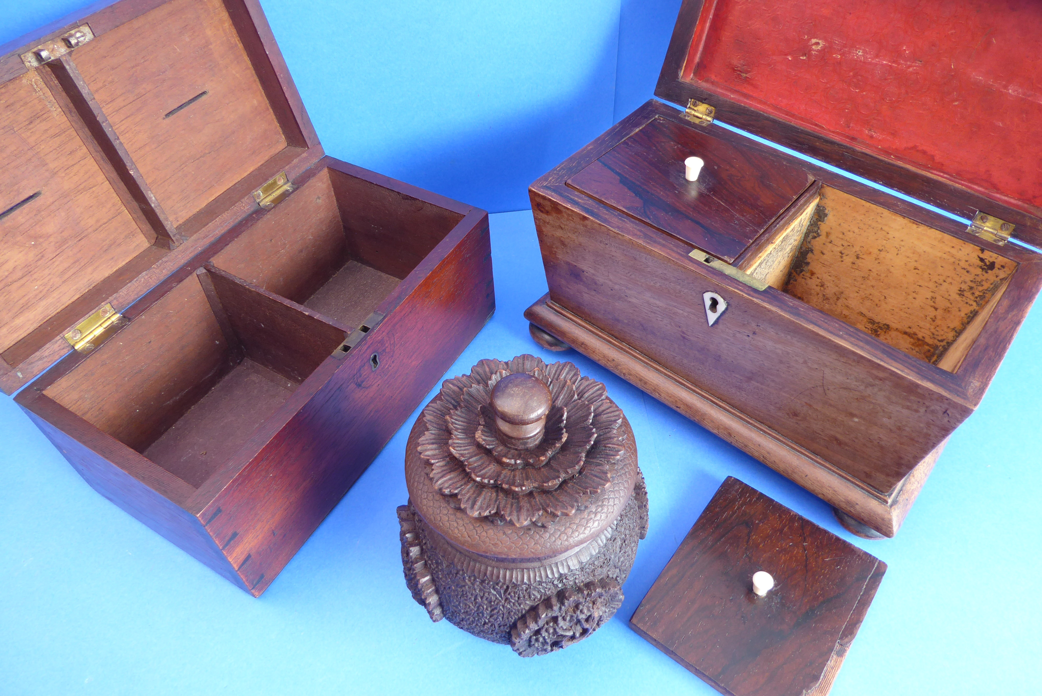 An early 19th century sarcophagus-shaped two-division faded rosewood tea caddy, together with a 19th - Image 3 of 4
