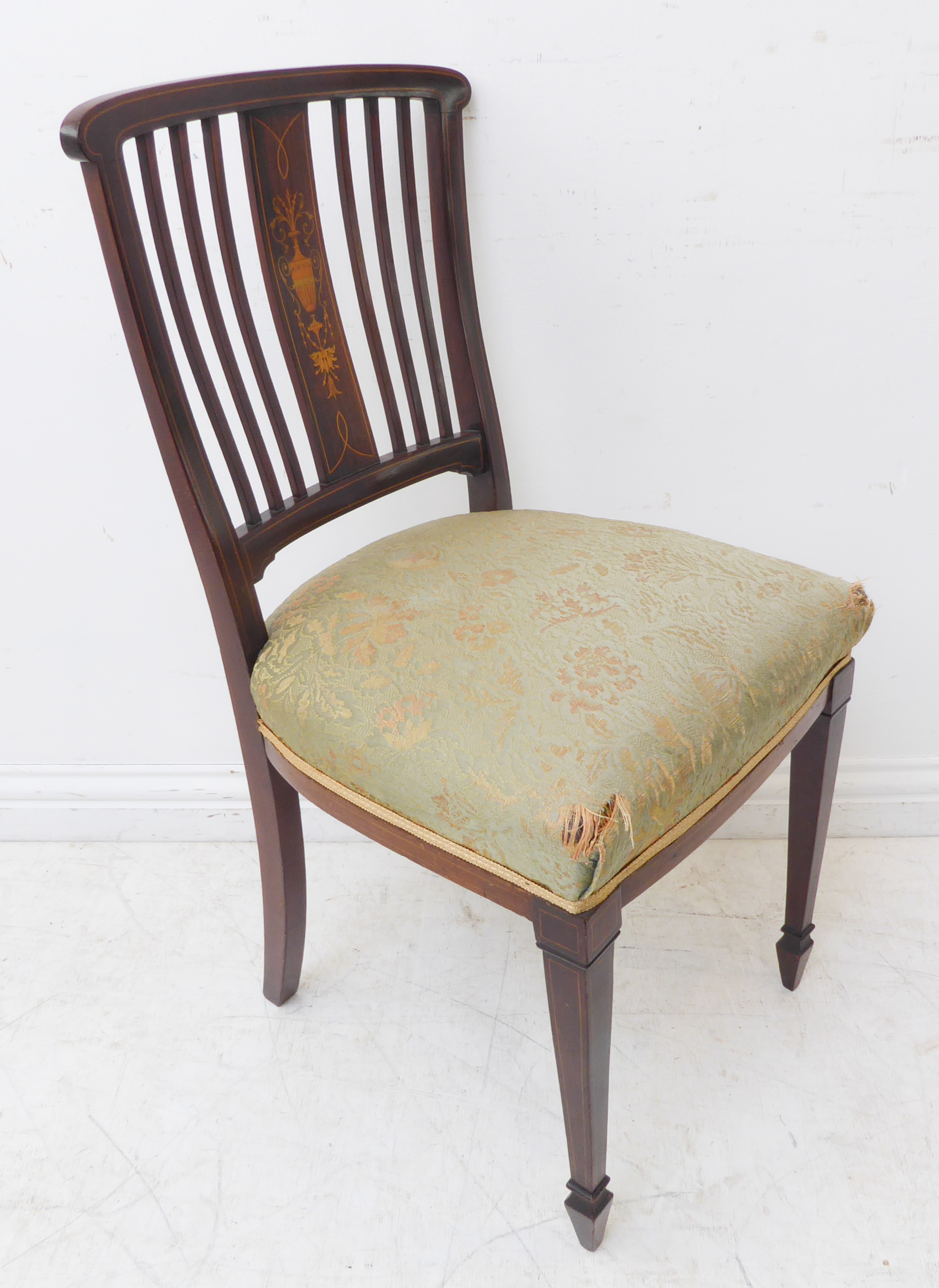 A good set of four Edwardian mahogany and boxwood strung salon chairs; each with central vertical - Image 6 of 6