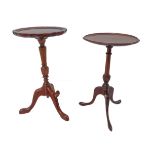 Two reproduction mahogany wine tables on tripod bases, one with scallop edged top (29.5cm diameter x