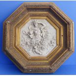 An octagonal gilt-framed classical-style marbleised relief (modern): swooning maiden (possibly