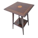 An early 20th century mahogany and strung square-topped occasional table: the underside of the