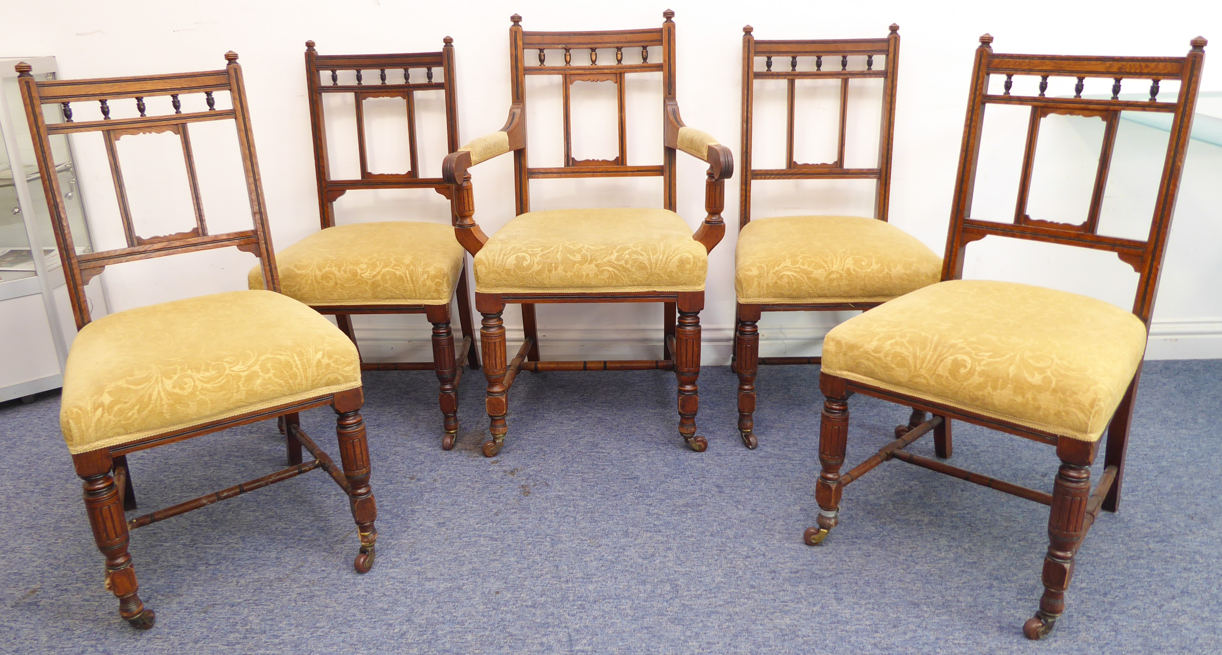 A set of five (4 + 1) late 19th century solid oak and ebonised dining chairs in the Aesthetic - Image 5 of 5